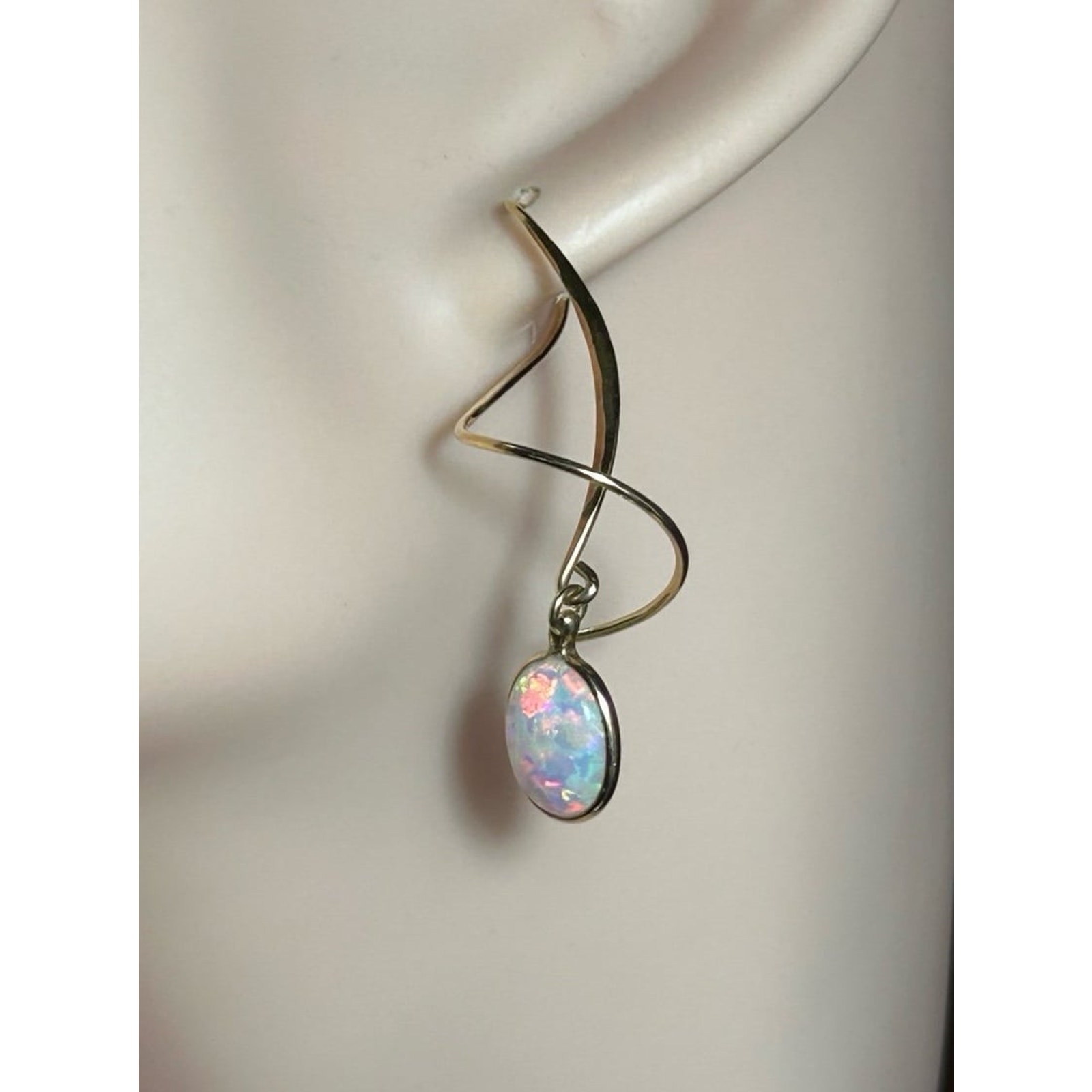 14k Solid Yellow Gold Opal Gemstone Drop Dangle Hook Twist Unique Earrings